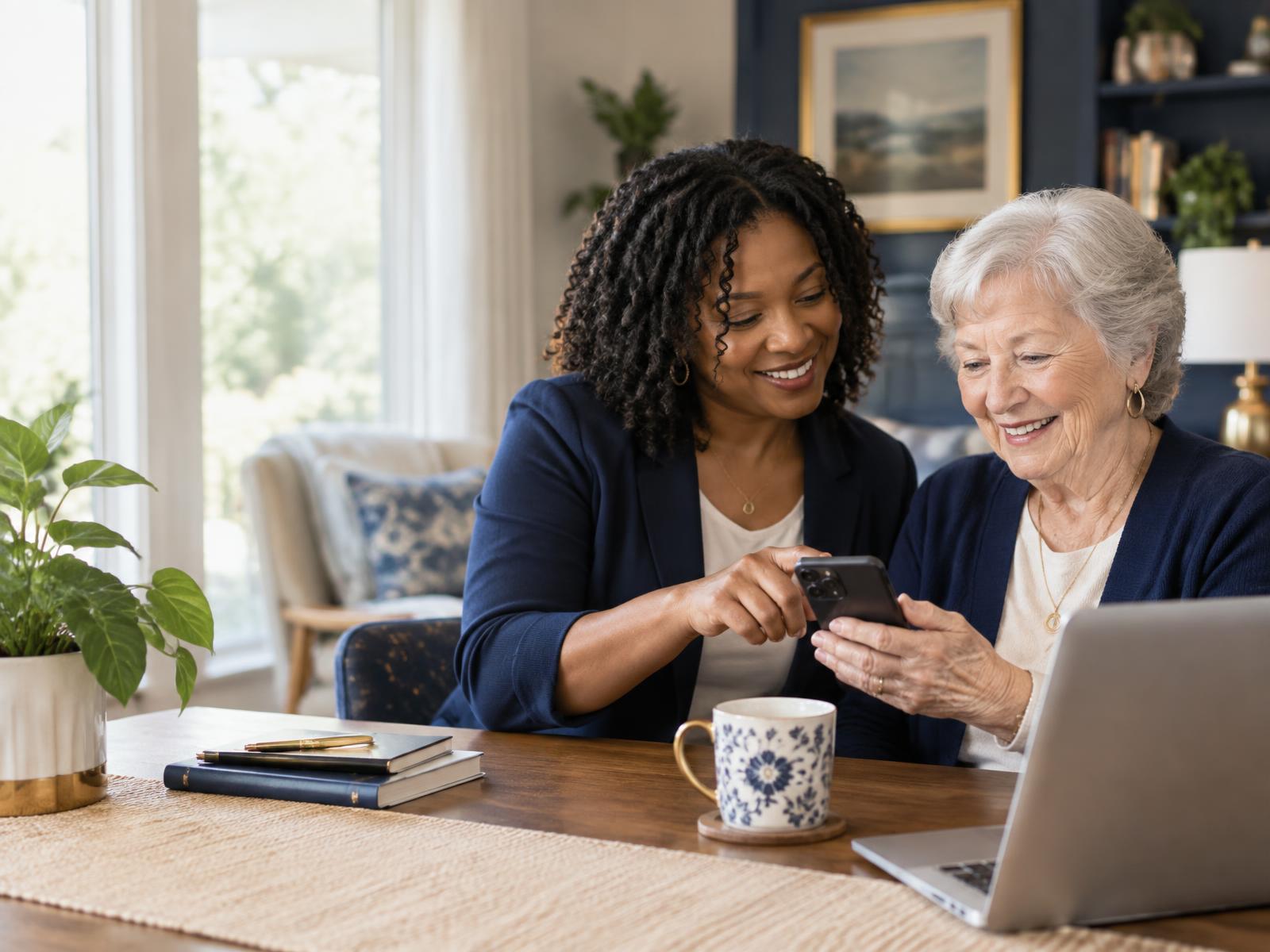 A patient technology coach helping an older adult use a smartphone